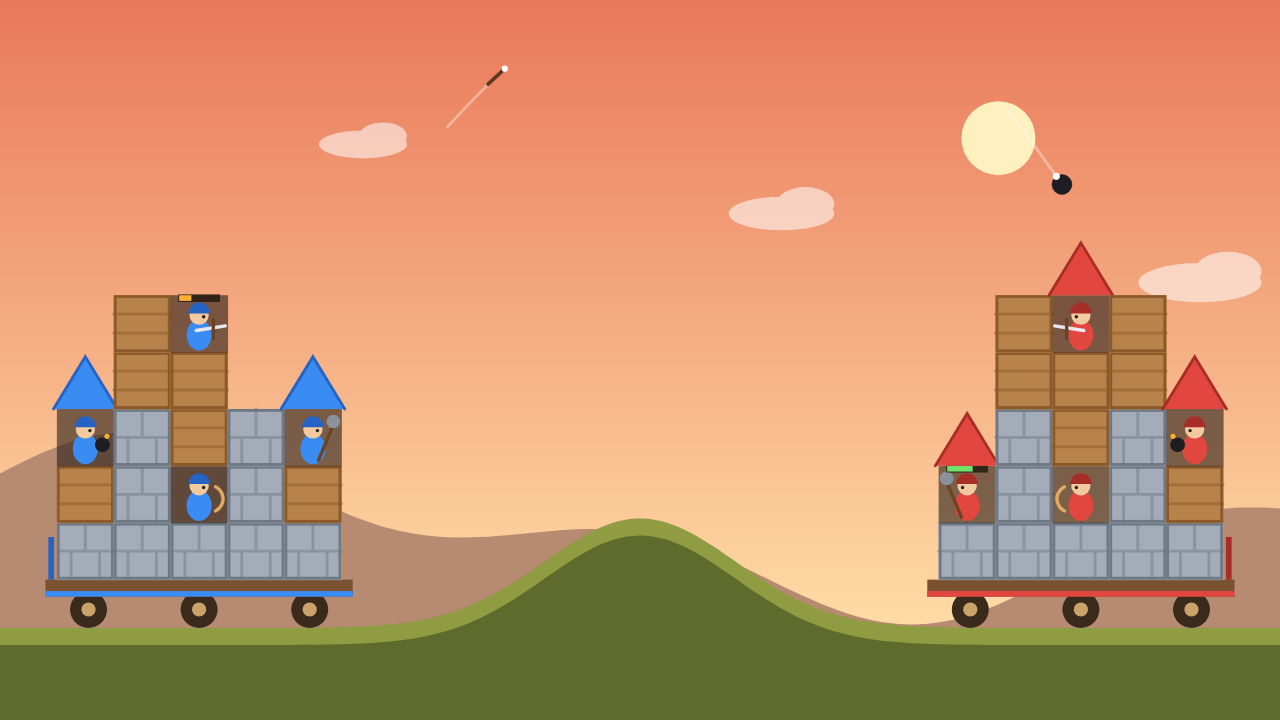 Two castles on carts firing at each other across a hill
